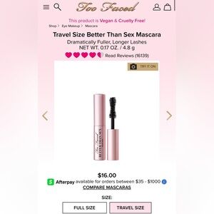 Too Faced Better Than Sex Mascara - Pink Tube TRAVEL SIZE
